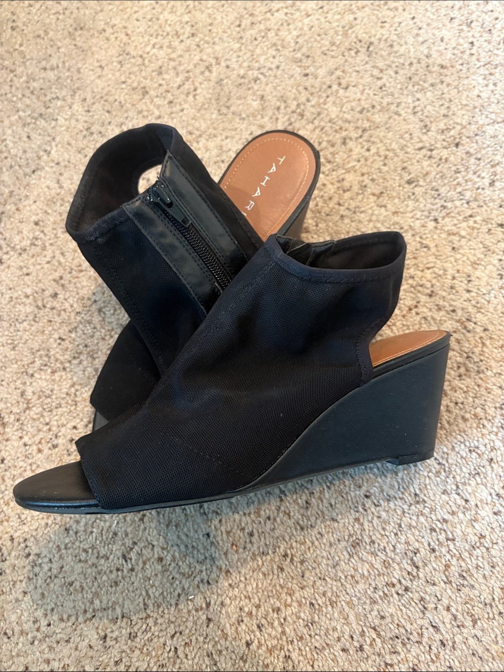 Tahari Black Open-Toe Wedge Booties with Side Zip Closure